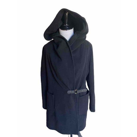 LAUREN RALPH Womens Hooded Black Wool Blend Belted Pea Coat Jacket Size 2 - Picture 1 of 10